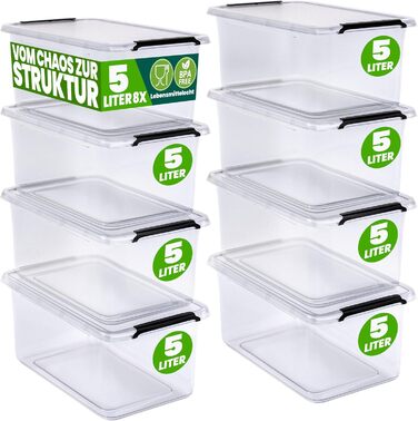 Deuba® 10x Storage Box with Lid - Plastic Boxes, Food Safe, BPA Free, Small, Snap Closure, Transparent, Stackable, Kitchen, Bedroom (5L, 8-Piece Set)