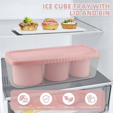 Силіконові форми для льоду Fu Store з кришкою та контейнером, для стаканів 850-1134 мл, 3 шт, великі, рожеві – для охолодження коктейлів, віскі, напоїв, соку, кави, легке наповнення