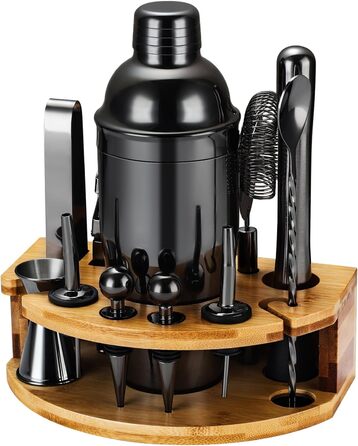 Cocktail Shaker Set, 12-Piece Stainless Steel Bar Accessory Set, 750ml Shaker Bartender Set with Stand, Ideal Cocktail Machine Bartender Set for the Home Bar (Black)