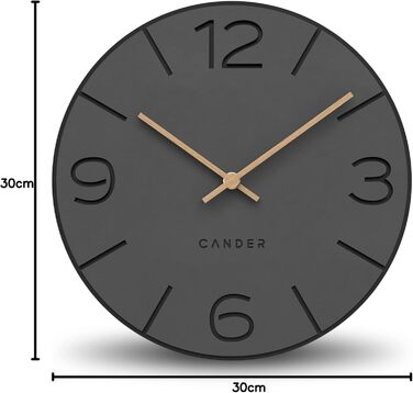 Cander Berlin MNU 2630 Y Wall Clock Silent, No Ticking, 30 cm, Analog, Living Room, Modern, Vintage, Grey, Black, Wooden Hands