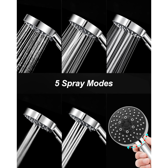 Насадка для душу Magichome з шлангом 2м, високого тиску, 5 режимів розпилення, турбо-дизайн, економна водозберігальна ручна лійка для душу, чорна, з шлангом