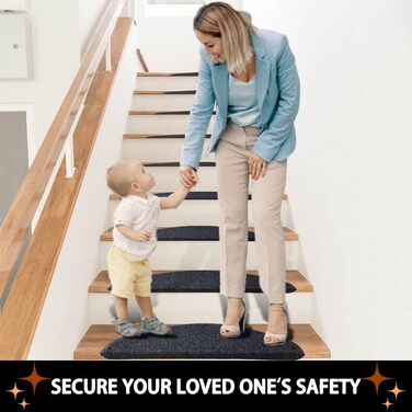 Rina Non-Slip Stair Treads - 22x65 cm - 15 Piece Set - Dark Grey Adhesive Anti-Slip Carpet for Wooden Stairs - Indoor Safety