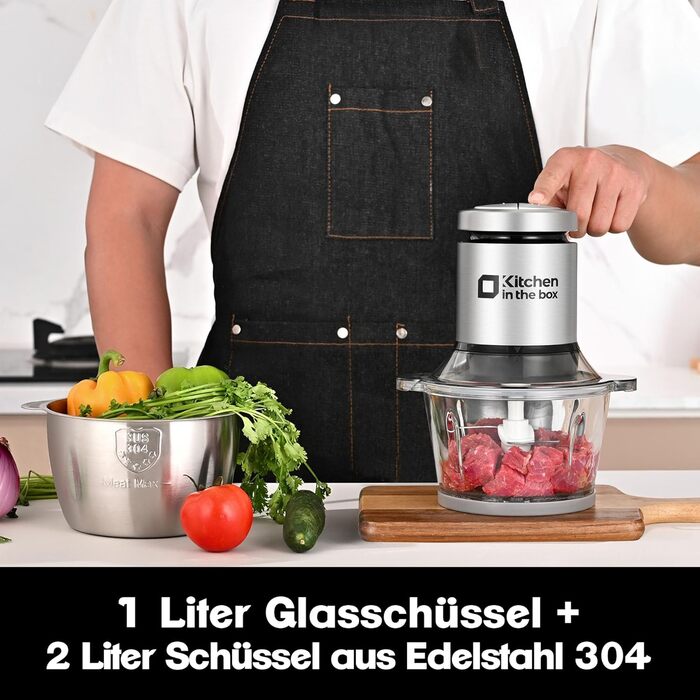 Електричний подрібнювач Zerkleinerer Kitchen in the Box 400W зі скляною (1л) та сталевою (2л) чашами для м'яса, овочів, фруктів та дитячого харчування, сріблястий