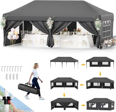 Devoko Gazebo, 2x2 Meter Waterproof, Stable, Winter-Proof Gazebo with 3 Height Adjustments, Foldable Gazebo with UV Protection 50+, Folding Tent, Gazebo with Carry Bag, For Garden, Outdoor, Camping, (3x6m, 6 Side Walls, Grey)