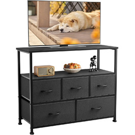 DUMOS Chest of Drawers with Drawers - Chests of Drawers & Sideboards for Bedrooms Suitable, Chest of Drawers with 9 Drawers, Fabric Chest of Drawers with Stable Steel Frame, Ideal for Bedrooms, Living Rooms (Black) (5 TV Drawers Black)