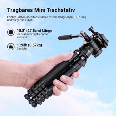 Міні-штатив NEEWER з карбонового волокна (TP10) для DSLR камери, смартфона та відеокамери, з кулястою головою 360°, тримачем для телефону та пультом керування, компактний дорожній штатив