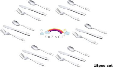 Набір дитячого столового приладдя EXZACT Kinderbesteck Set 18-ти частинний з нержавіючої сталі, від 2 років, безпечні ножі, 6 виделок, 6 ножів, 6 ложок (Dino X 18)