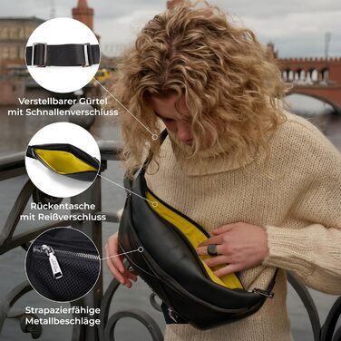 Berliner Bags Преміум поясна сумка Feline, шкіряна сумка через плече, кросбоді, бананка для жінок та чоловіків - чорна