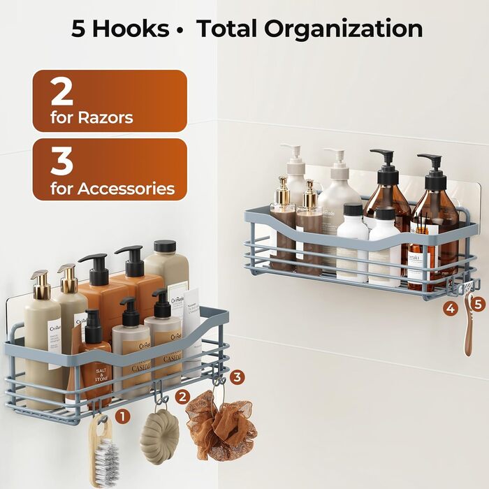 Набір душових корзинок Orimade з 5 гачками, 3 шт. (чорний, сірий) - без свердління, нержавіюча сталь SUS304