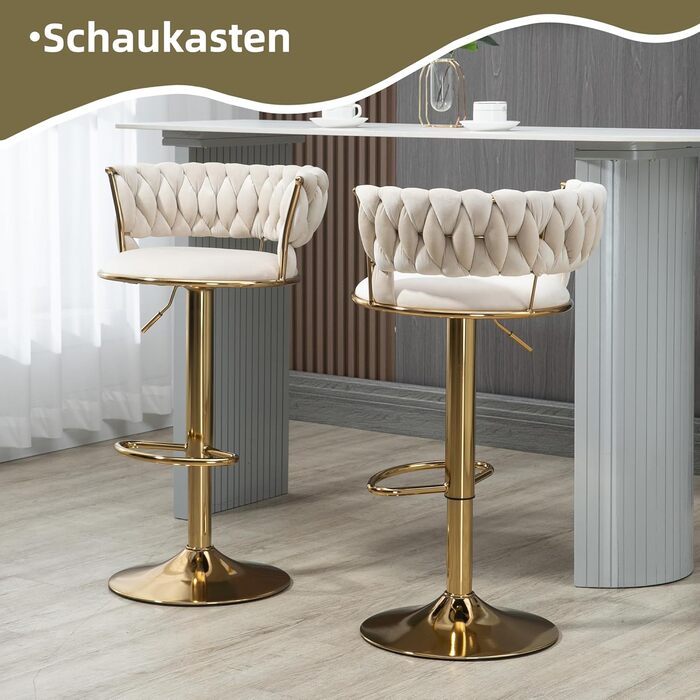 Avorio Velvet Bar Stools 2-Pack - Adjustable Height, Swivel with Footrest, Armrests & Backrest - Ergonomic Counter Stools for Kitchen Island, Bar, Restaurant