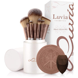 Luvia Prime Vegan Pro Makeup Brush Set - 12 Brushes, Blender Sponge, Cleaning Mat - Pearl & Coffee