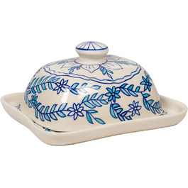 Ceramic Butter Dish with Lid, Colorful, Hand-Painted (Little Blue Flower)