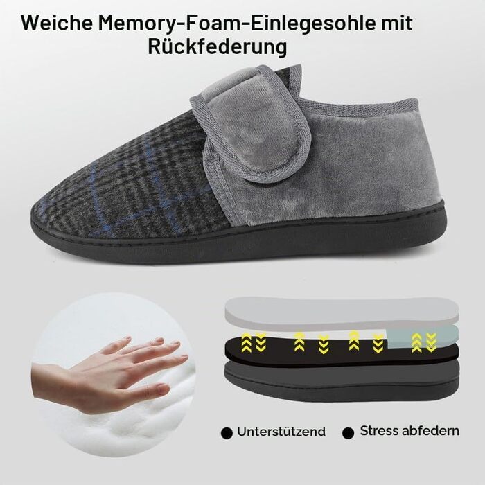 Чоловічі теплі домашні капці TIESTRA для літніх людей з Memory Foam, флісові тапочки з липучкою для широкої стопи, сірі в смужку, розмір 45 EU