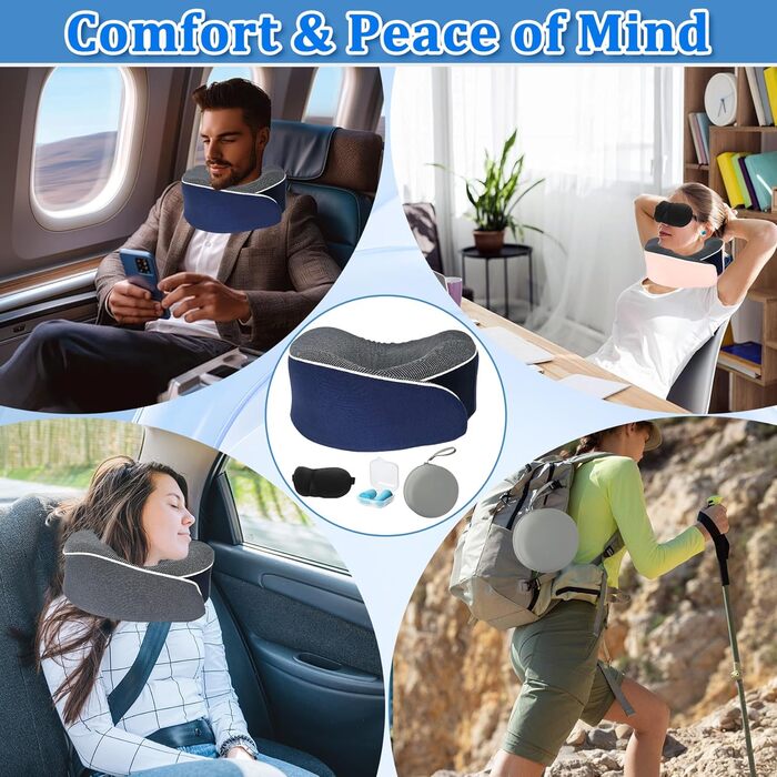 Подушка для шиї у літак, 360° - ергономічна подушка для подорожей з memory foam, набір для дорослих (з коробкою, маскою для очей та навушниками) чорного кольору