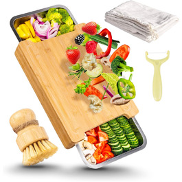 Rainsworth Cutting Board with Drip Tray, Bamboo, 3 Stainless Steel Bowls, 40x30x7cm Large Solid Multifunctional Chopping Board, Vegetable Cutting Board with Feet