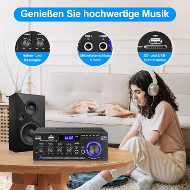 KKMOL AK45 Міні Hi-Fi стерео підсилювач Bluetooth, 400 Вт, 2-канальний, цифровий аудіо підсилювач з USB, SD, радіо, пультом, 12V/220V
