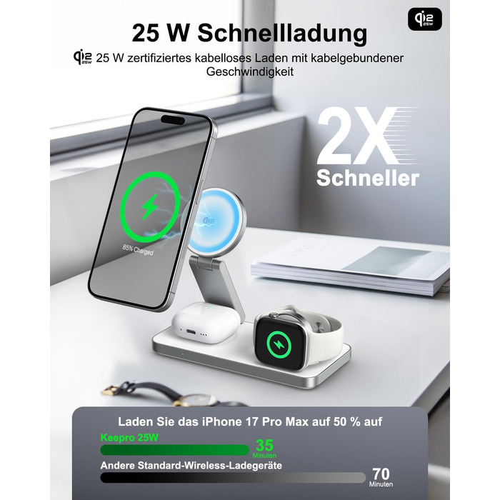 Бездротовий зарядний пристрій 25W MagSafe 3-в-1, складна станція для iPhone 17e/17/16/15/14/13/12/Air, Apple Watch та AirPods Pro (Білий)