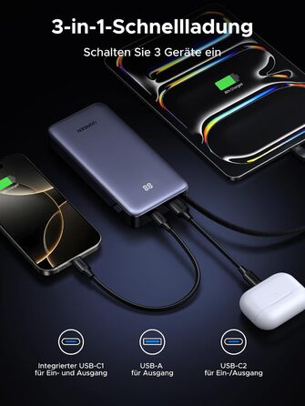 Power Bank UGREEN 20000mAh 45W з USB-C кабелем та швидкою зарядкою PD, сумісний з iPhone, iPad, Samsung Galaxy, ноутбуками