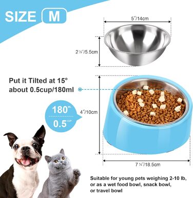 Миска для собак Petvillage з нахилом 15°, нековзна, без витоку, знімний підставник з меламіну, розмір S/0,5 чашки (Medium, Blue)