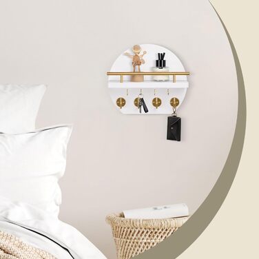 Настінна вішалка для ключів Nekon з полицею та 8 гачками, 24.8 см, декор для дому (Білий/Золотий)