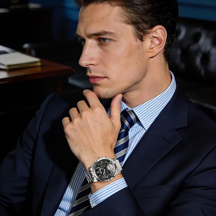 Чоловічий механічний годинник OLEVS з автопідзаводом, турбійоном та календарем, водонепроникний, сріблясто-чорний (7088)