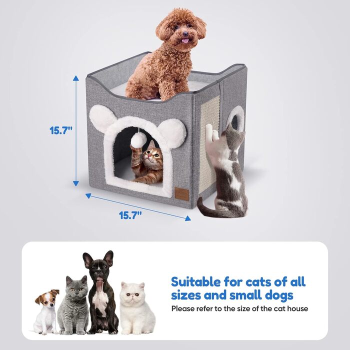 Foldable Cat House, 2-Tier Cat Cave Cube Large Space Cat Bed with Scratching Board and Play Ball for Small to Medium Pets Indoor Retreat 40 * 40 * 35cm Grey
