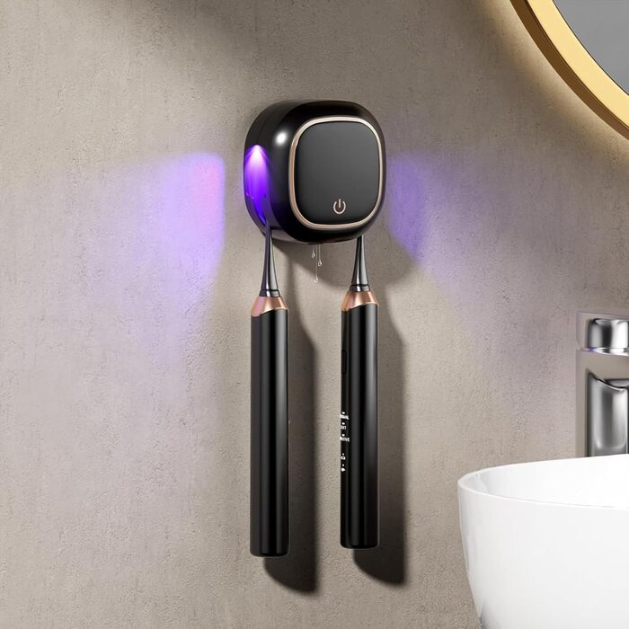 Maxspace UV Toothbrush Sanitizer, Wall-Mounted Toothbrush Holder with Drying, Rechargeable Toothbrush Sterilizer with 2 Slots for Family Use (Black)