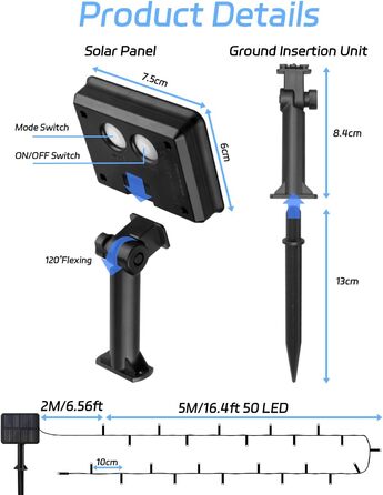 Сонячна гірлянда для зовнішнього використання, 120 LED, холодне біле світло, 8 режимів, для саду, двору, тераси, весільної декоратації, вологостійка (5м, холодне біле світло)