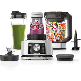 Блендер Ninja Foodi Power Nutri Mixer 3-в-1, 1200 Вт, для смузі, густих кремів і заморожених напоїв, автоматичні програми, 2,1 л глечик, 700 мл стакан, 400 мл чаша з мішалкою, сріблястий, CB350EU