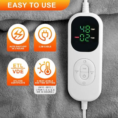 Електрична ковдра Aischens з фланелі, бавовни та шерпи, 130x180 см, двошарова, швидкий нагрів 30S, захист від мікроорганізмів, режим сну, 6 температурних режимів, таймер 1-10 годин, захист від перегріву, сірий колір