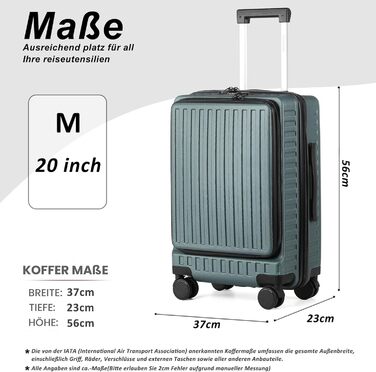 Чемодан ручної поклажі TANTOMI з відділенням для ноутбука, 20 дюймів, жорсткий корпус, легкий ABS-валіз, валіза з 4 колесами на 360°, TSA-замок (світло-темно зелений, 41л)