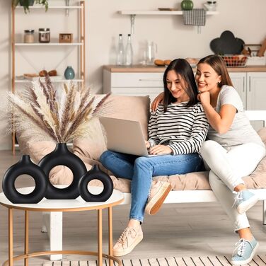 Набір ваз для квітів - 2 шт. з кераміки, білі, для декору будинку, сухоцвітів, Pampas grass, подарунок, малі та середні розміри (чорний)