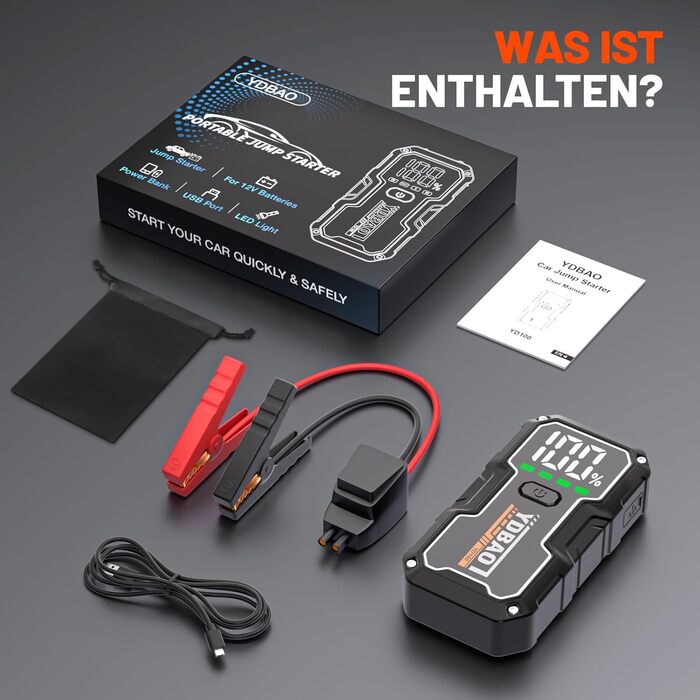 Powerbank для автомобіля 8000A, пусковий пристрій для акумулятора 12V з LED-дисплеєм та клемами, бустер для бензину/дизеля (до 10л), чорний