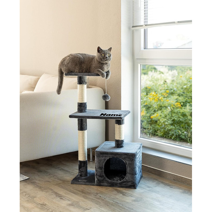 Lionto Scratching Post for Cats with Cave and Plush Ball incl. Bell, Height 85 cm, Cat Tree with Sisal & Plush, Cozy Resting Areas & Cave, Suitable for Small & Large Cats, (Dark Grey (with name tag))