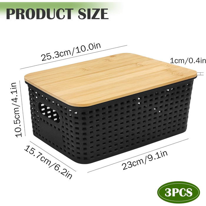 Storage Box with Bamboo Lid Small 3 Pack 5L Storage Box Bathroom Box with Lid Black Bathroom Organizer 25x18x10cm Plastic Box Kitchen Storage Boxes Baskets Containers Stackable Boxes