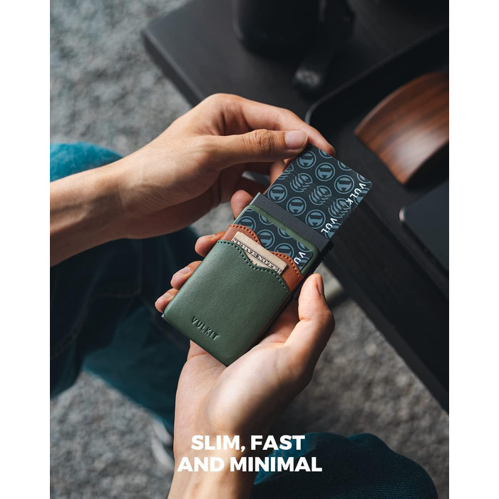 VULKIT Слім гаманець-картхолдер з RFID захистом, шкіряні слоти, металевий кейс, зелений