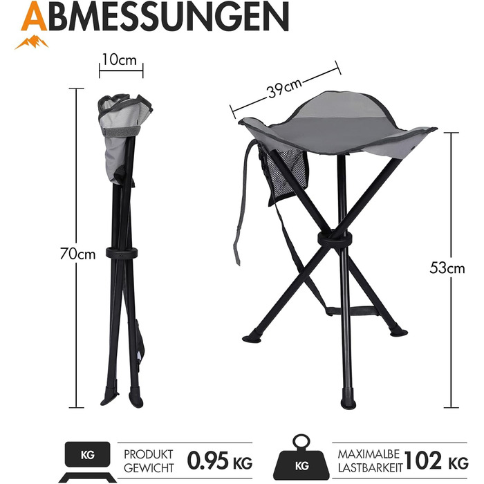 Складаний стільчик з кишенею Portal: легкий, міцний, для риболовлі, кемпінгу та пікніків (сірий)