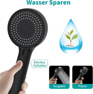 MIAOHUI Black Shower Head Water Pressure Booster, Handheld Shower with 3 Spray Patterns, Water-Saving High-Pressure Shower Head with Water Stop Function, Shower with Hose and Teflon Tape
