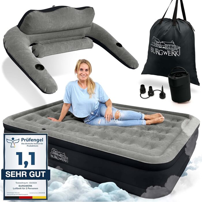 Надувне ліжко 3-в-1 | Гостьове та кемпінгове ліжко | Надувна матрац з електропомпою 150x200 | Самостійно надувна ліжко (2 особи, Чорний/Антрацит)