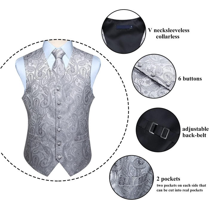 Костюм-тріо Enlision: жилет, краватка та нагрудна хустинка з квітковим візерунком пейслі, сірий, розмір L