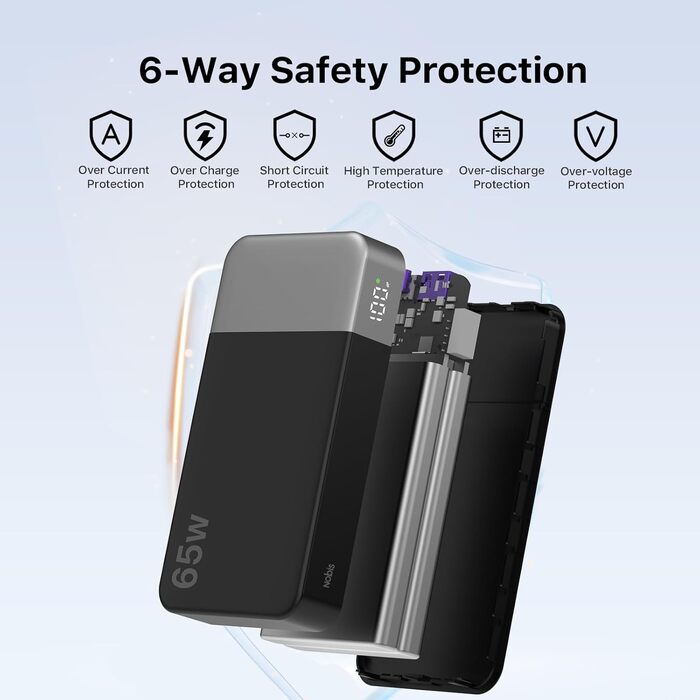 Powerbank NOBIS 20000mAh, 65W, з цифровим дисплеєм, Dual USB-C/USB-A, для ноутбука, телефону, планшета, зовнішній акумулятор, зелений (чорний)