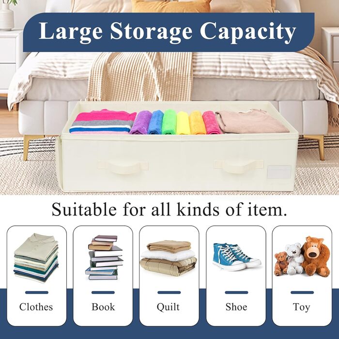 Комод під ліжко Lannvan, 2 шт. Коробки для зберігання під ліжко з кришкою, складні, з 4 посиленими ручками, для одягу, постільної білизни, ковдр, подушок (70 * 41 * 18 см), Бежевий