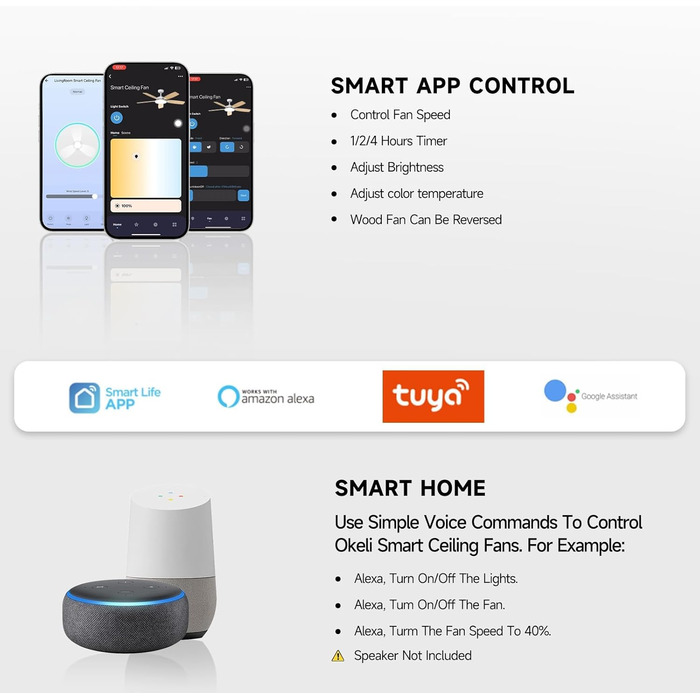 Стельовий вентилятор Taloya Smart з LED підсвіткою та пультом, 132 см, білий. Дистанційне керування, 6 швидкостей, димер 3000-6500K, таймер для вітальні та спальні