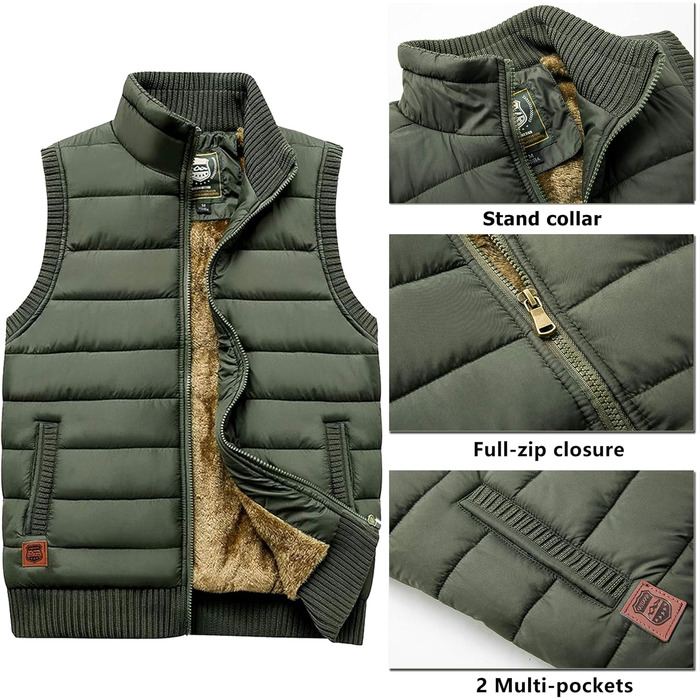 Чоловічий outdoor жилет Vcansion з флісовим коміром, утеплений повсякденний жилет армійного зеленого кольору (S)