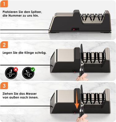 Professional electric knife sharpener with 100% diamond abrasive and precision angle guides. Suitable for double-bevel and serrated knives. Quickly achieves razor-sharp results.