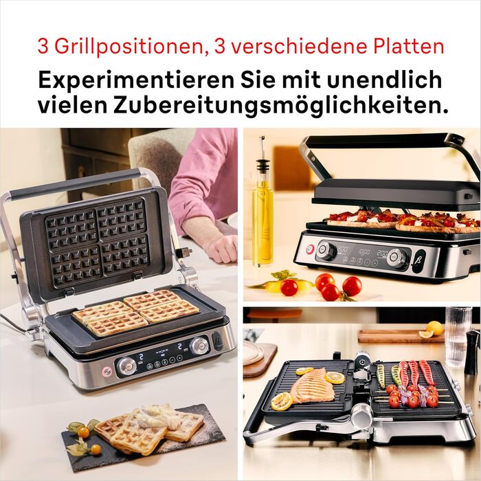 Braun MultiGrill 9 Pro CG 9167, contact grill with grill, flat, and waffle plates and temperature probe. Grill positions: contact, BBQ, oven. Dishwasher-safe plates, Boost function up to 265°.