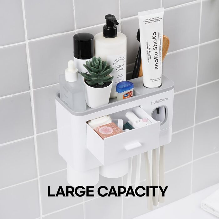 HubiCare Toothbrush Holder with Toothpaste Dispenser Wall Mount for Bathroom, Automatic Toothpaste Press, Bathroom Organization and Storage, 5 Toothbrush Slots (2 Cups)