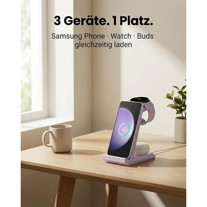 Зарядна станція NANAMI 3-в-1 для Samsung Galaxy Watch, Buds та смартфонів (S25, S24, S23) - бездротова, індукційна, фіолетова