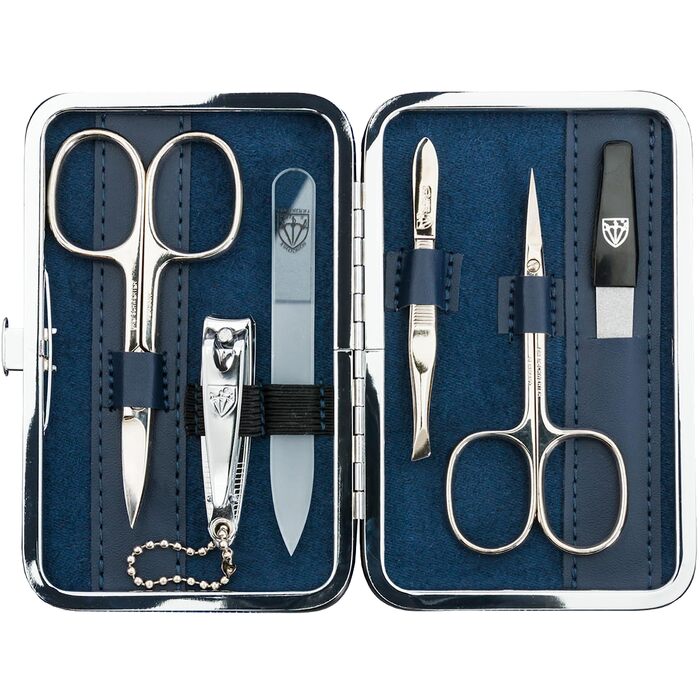 Набір манікюру DREI SCHWERTER 'Genova' 6 шт. | Німецький манікюрний набір у текстильному етою джинсового кольору | У комплекті: ножиці для нігтів, ножиці для кутикули, щипчики для нігтів, скляний наперсток, пінцет, алмазний наперсток БЛАУ / TEXTIL-JEANS