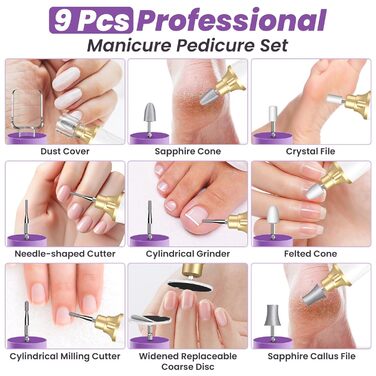 Електричний набір для манікюру та педикюру з 9 насадками та 15 рівнями швидкості, LED-підсвічуванням (W-Gold)